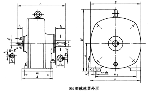 SB系列雙擺線針輪減速機外形及安裝尺寸、針齒中心圓直徑及傳動比